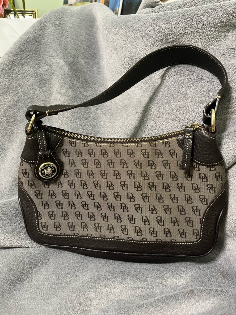 Dooney & Bourke Brown Logo Canvas Shoulder Bag with Dark Brown Trim